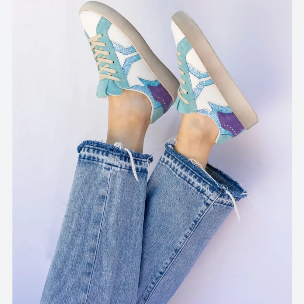 New C.O.B. Culture of Brave Play Sneakers Blue White 7.5 Leather Rhinestone